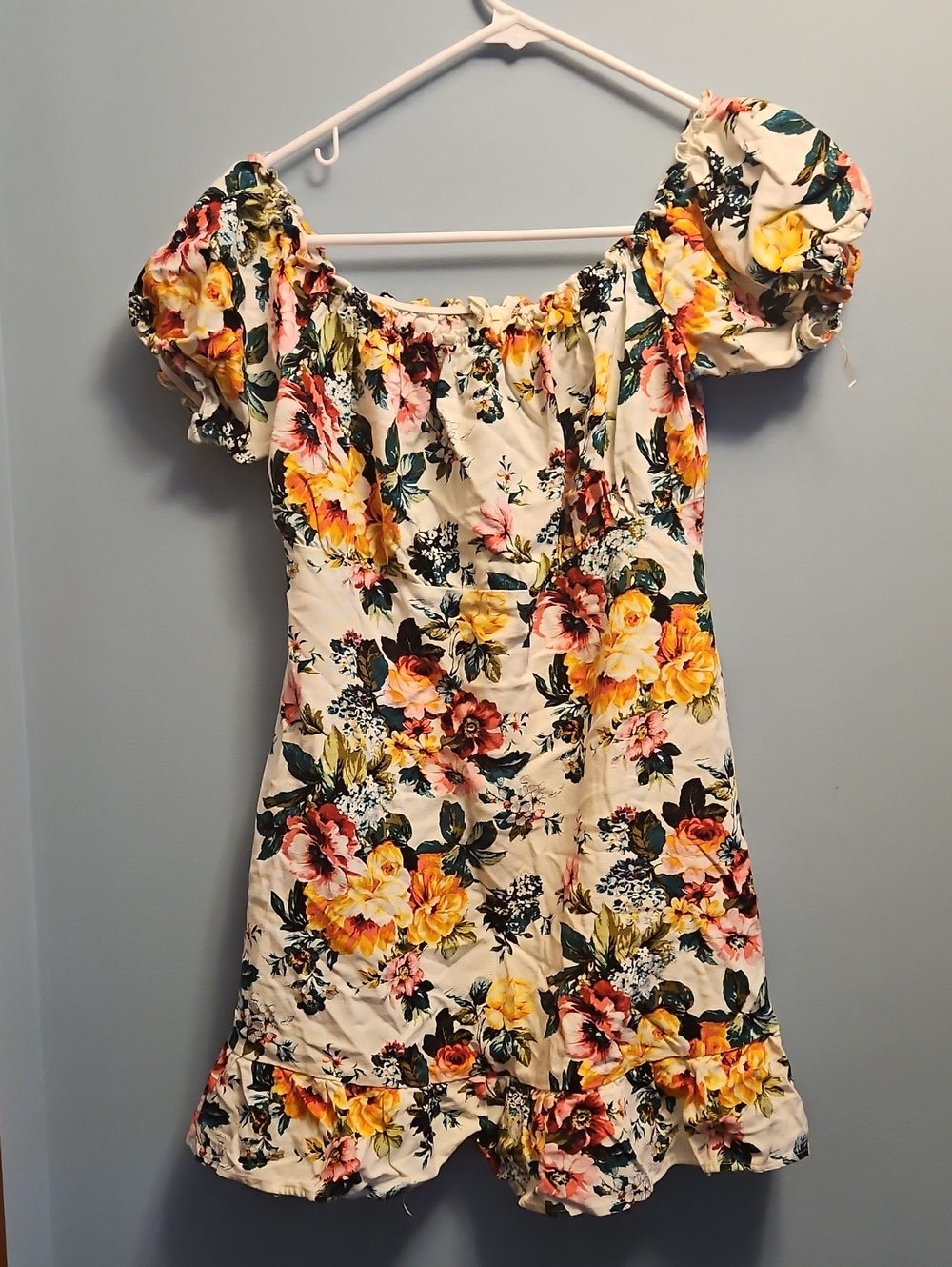 Speechless Cream Floral Off-Shoulder Mini Dress with Puff Sleeves and Ruffle Hem